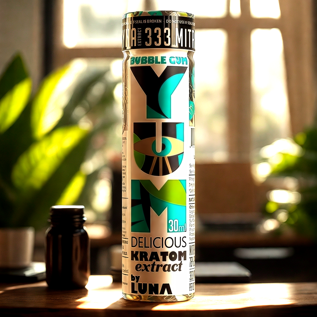 Bubble Gum kratom shot on modern office desk for sustained afternoon energy