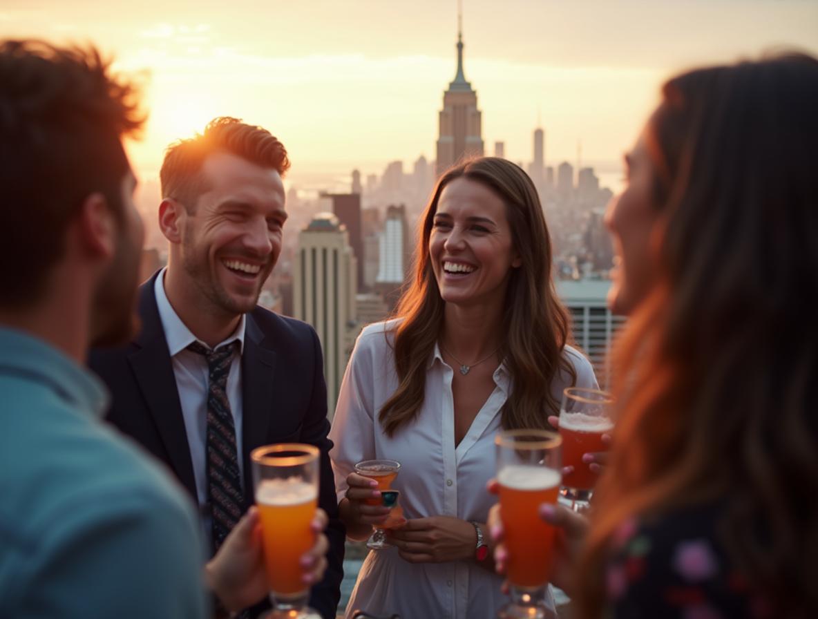 Young professionals socializing confidently at upscale rooftop venue