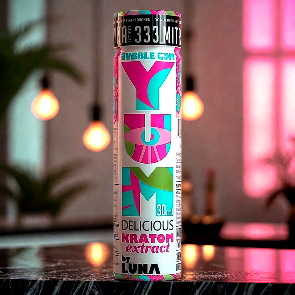YUM Bubble Gum kratom shot in sophisticated modern lifestyle setting