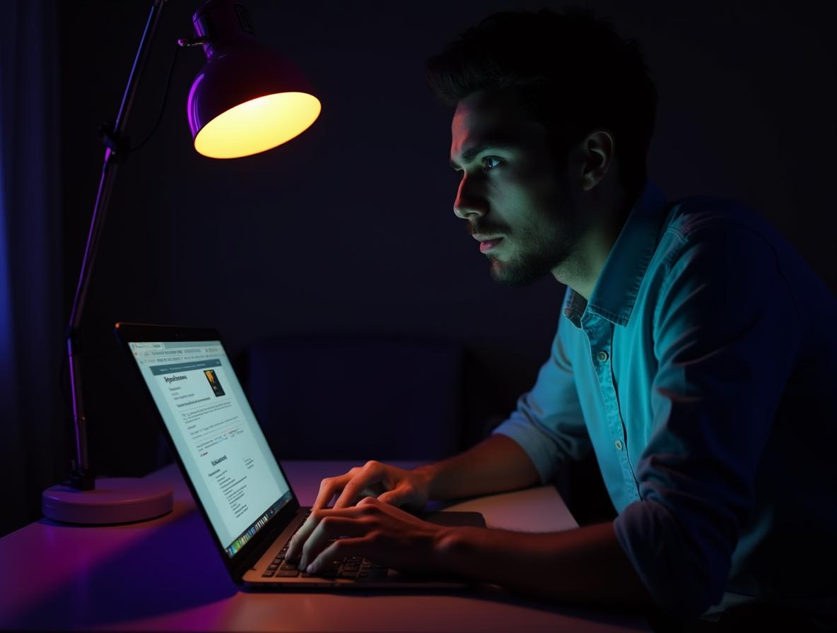 Person researching kratom information online late at night with concerned expression