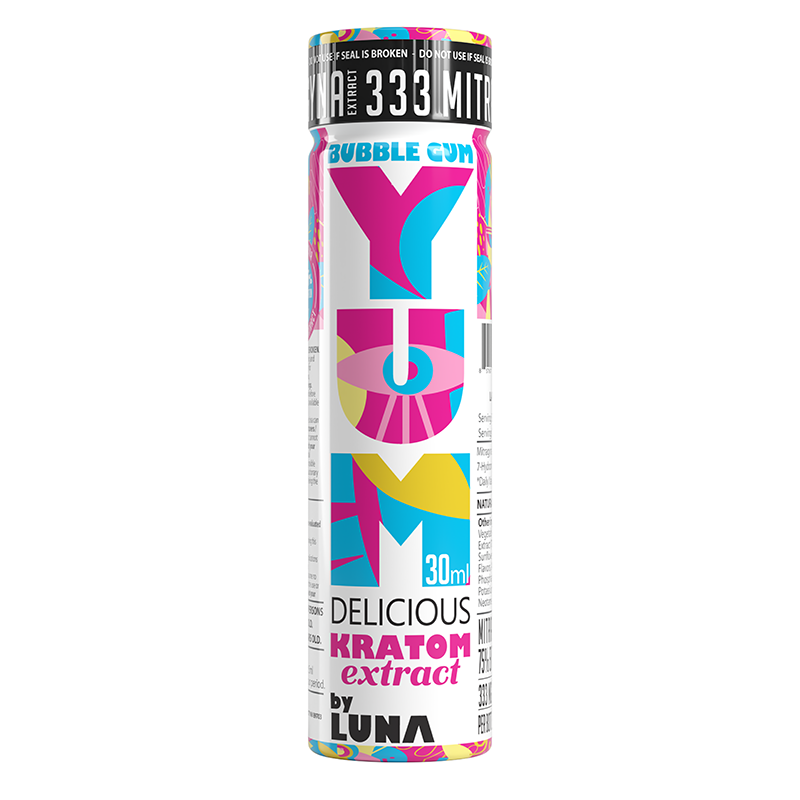 Bubble Gum kratom extract shot in modern professional workspace setting