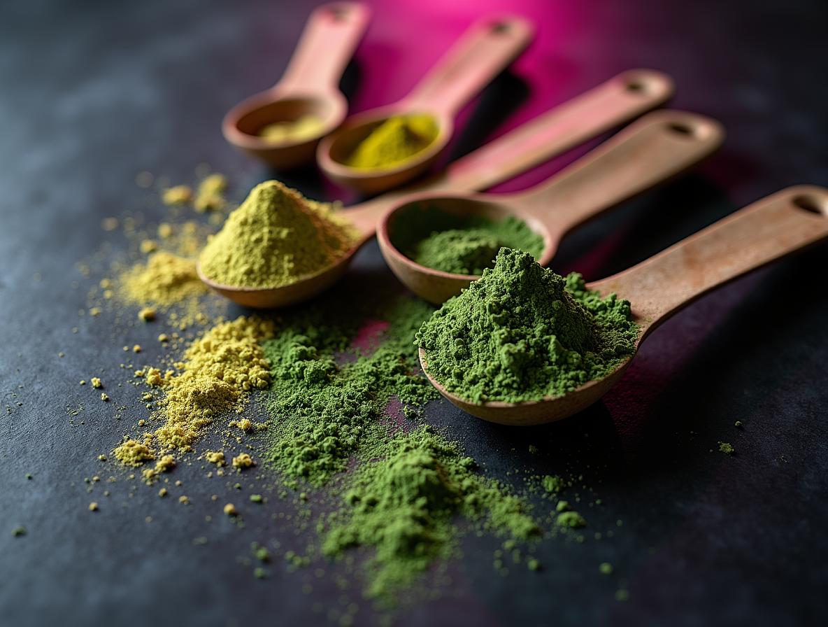 Overhead view of measuring spoons with various botanical powders showing texture and measurement precision