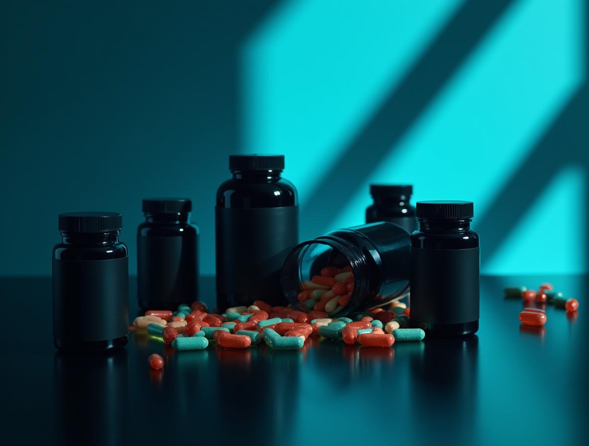 Modern supplement capsules and bottles arranged with premium lighting showing convenience and precision
