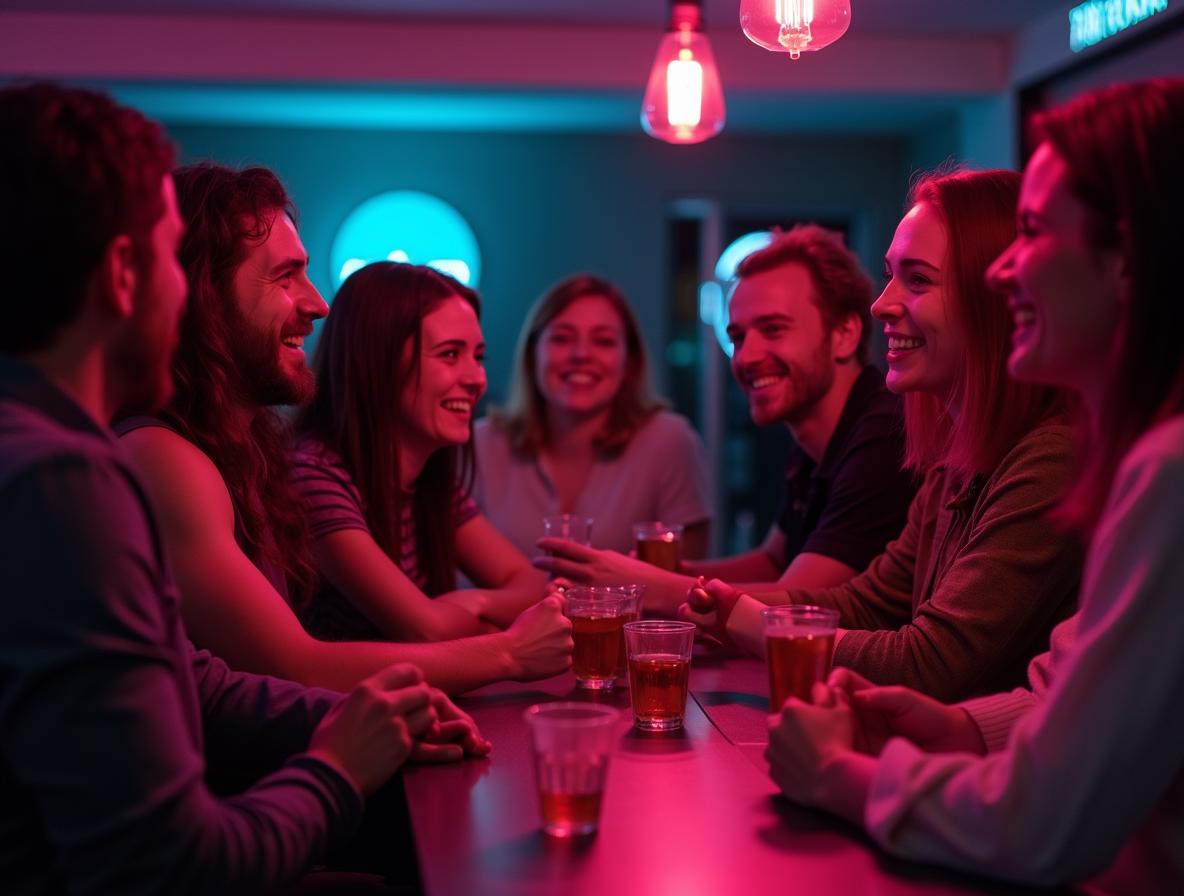 Group of people socializing at modern kava bar with natural conversation