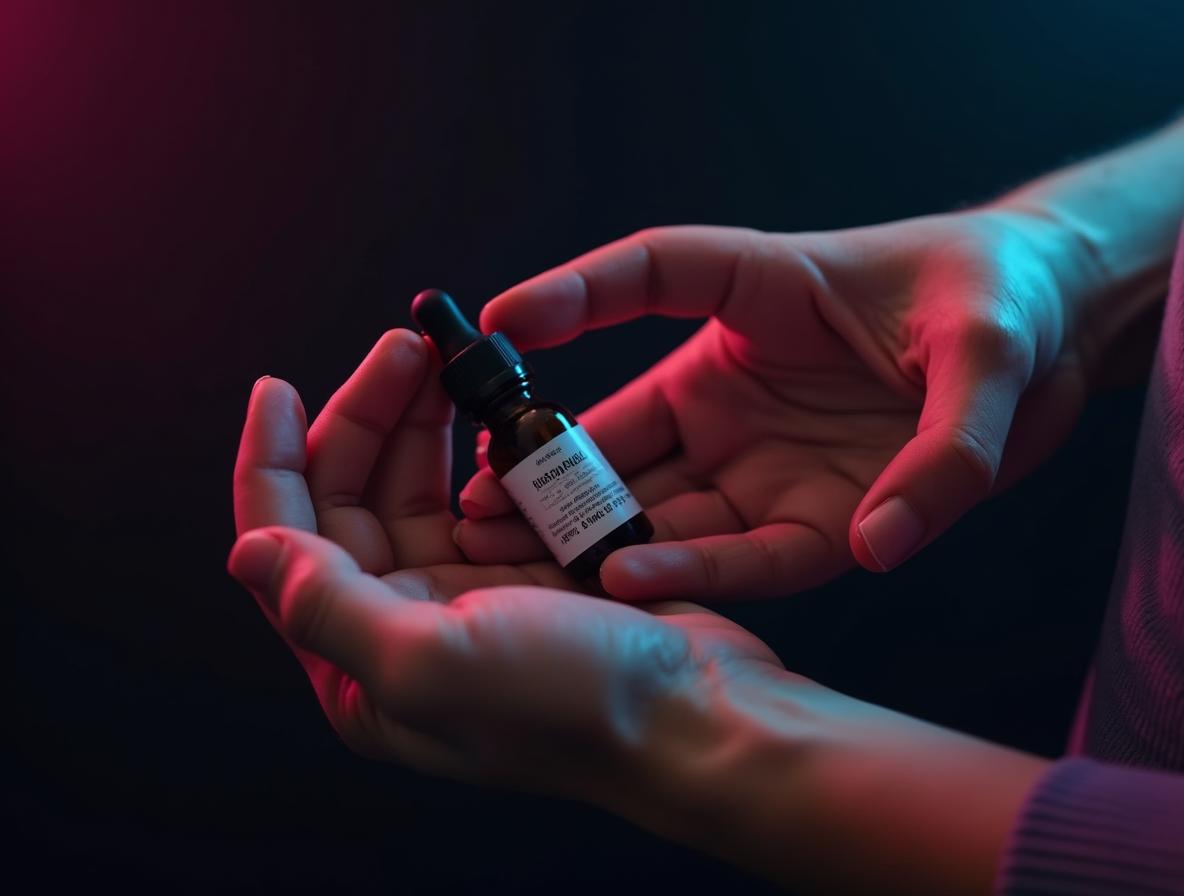 Person carefully examining kratom extract bottle label before consumption