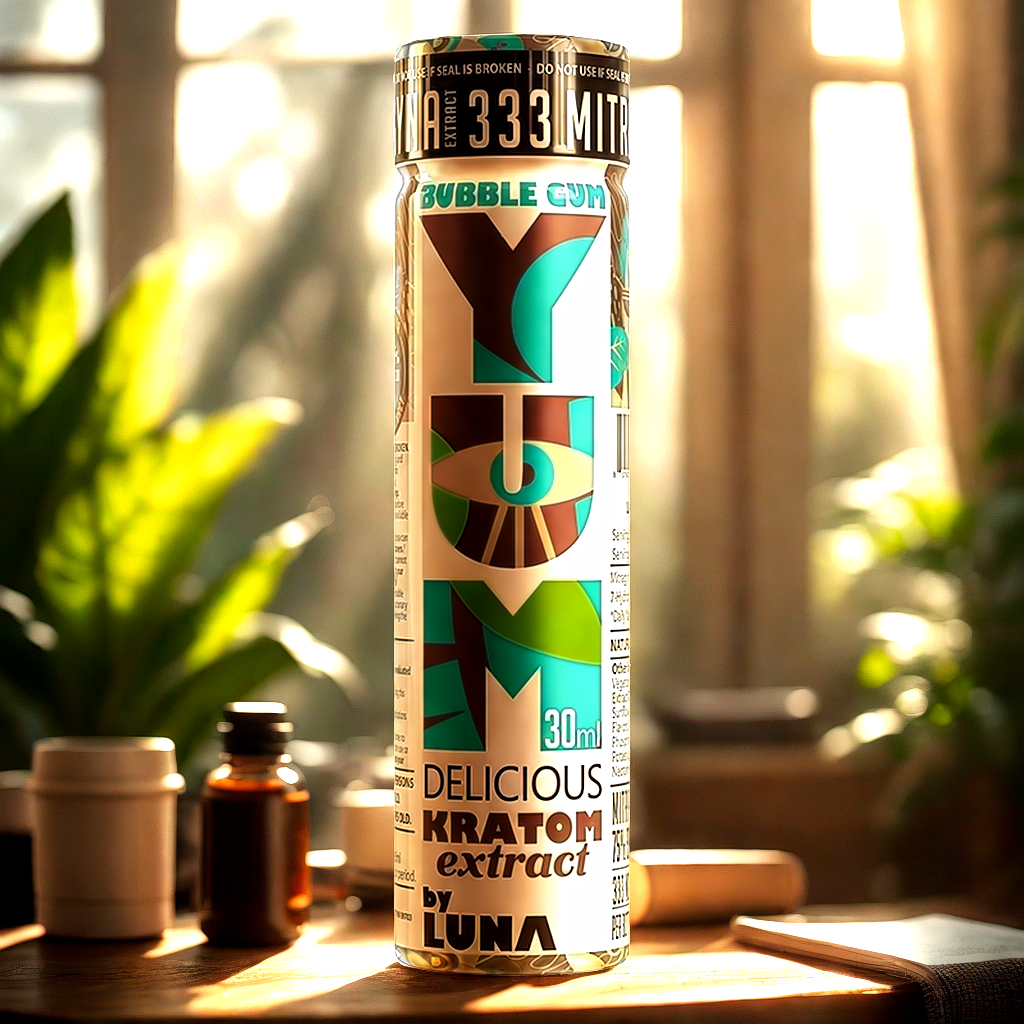 YUM Bubble Gum kratom shot positioned on workspace desk for morning focus ritual