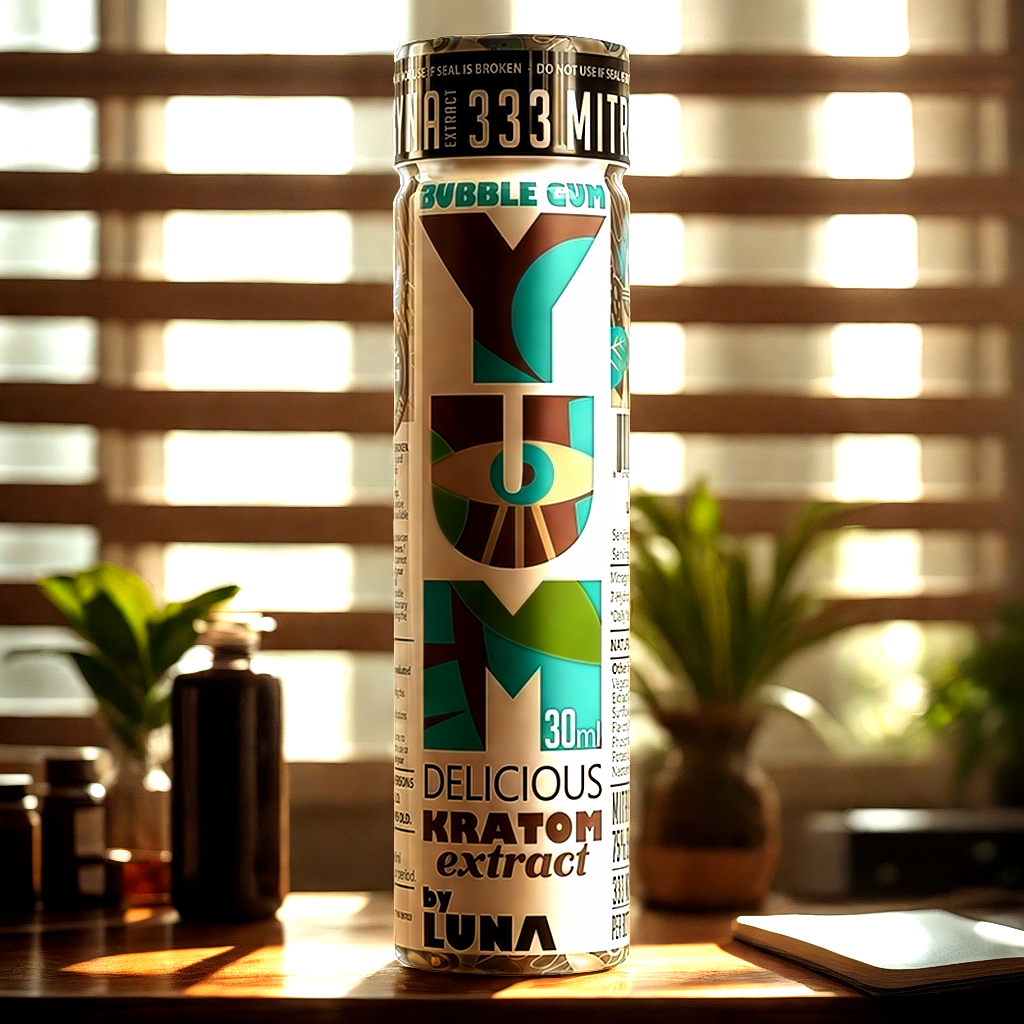 YUM Bubble Gum kratom extract shot on modern workspace desk for focused productivity