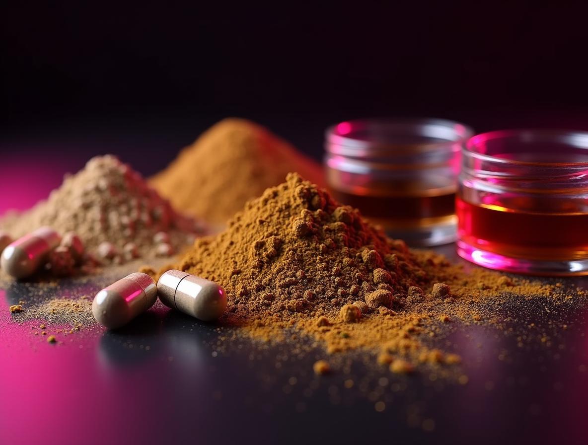 Comparison of different kratom formats showing texture and consistency differences