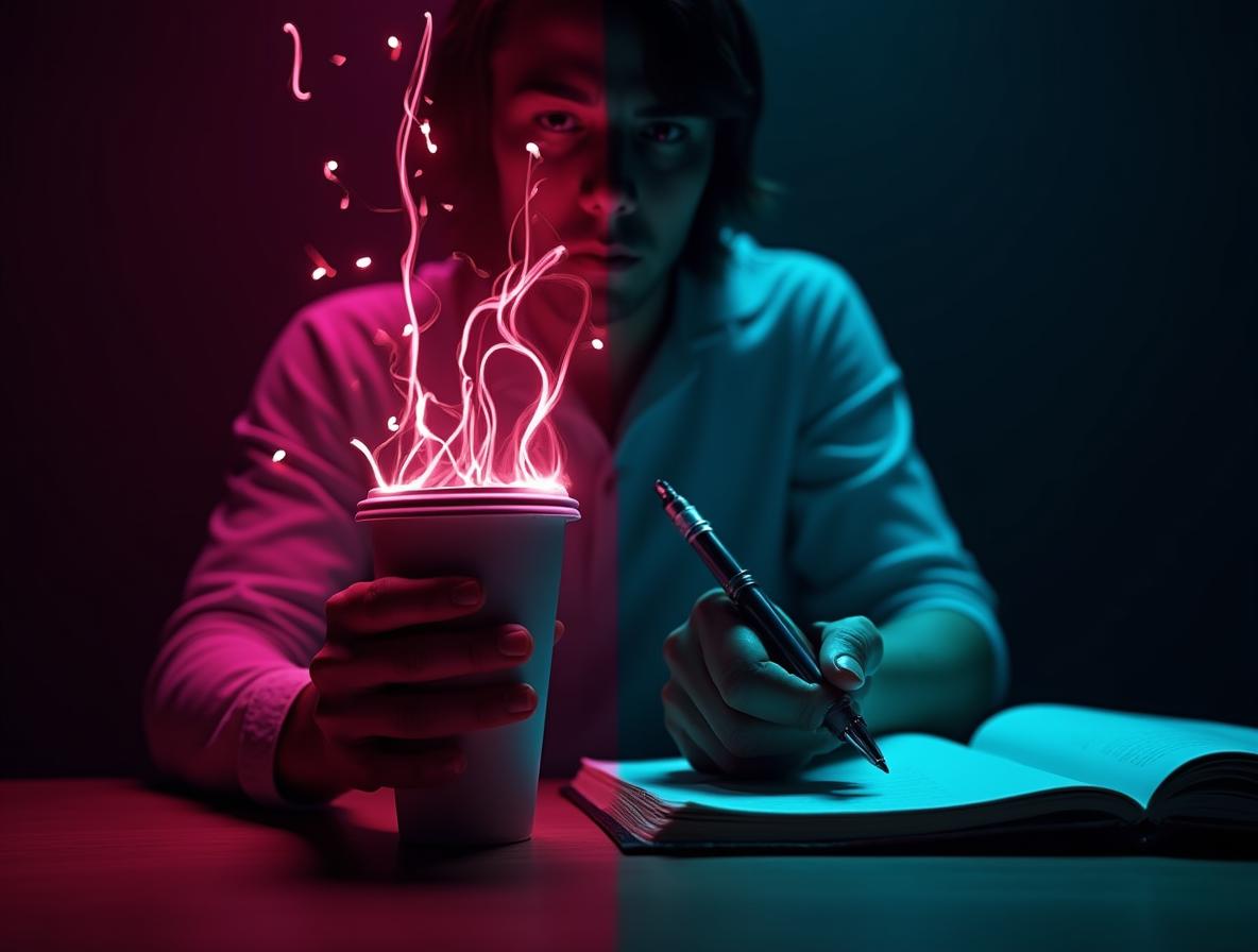 Visual comparison between jittery coffee energy and calm focused energy states