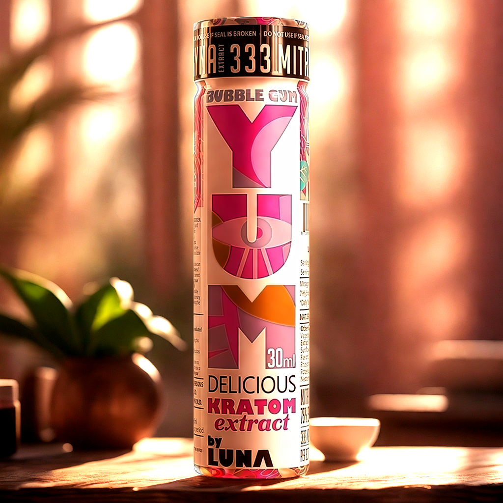 YUM Bubble Gum kratom shot with morning coffee setup for energy routine