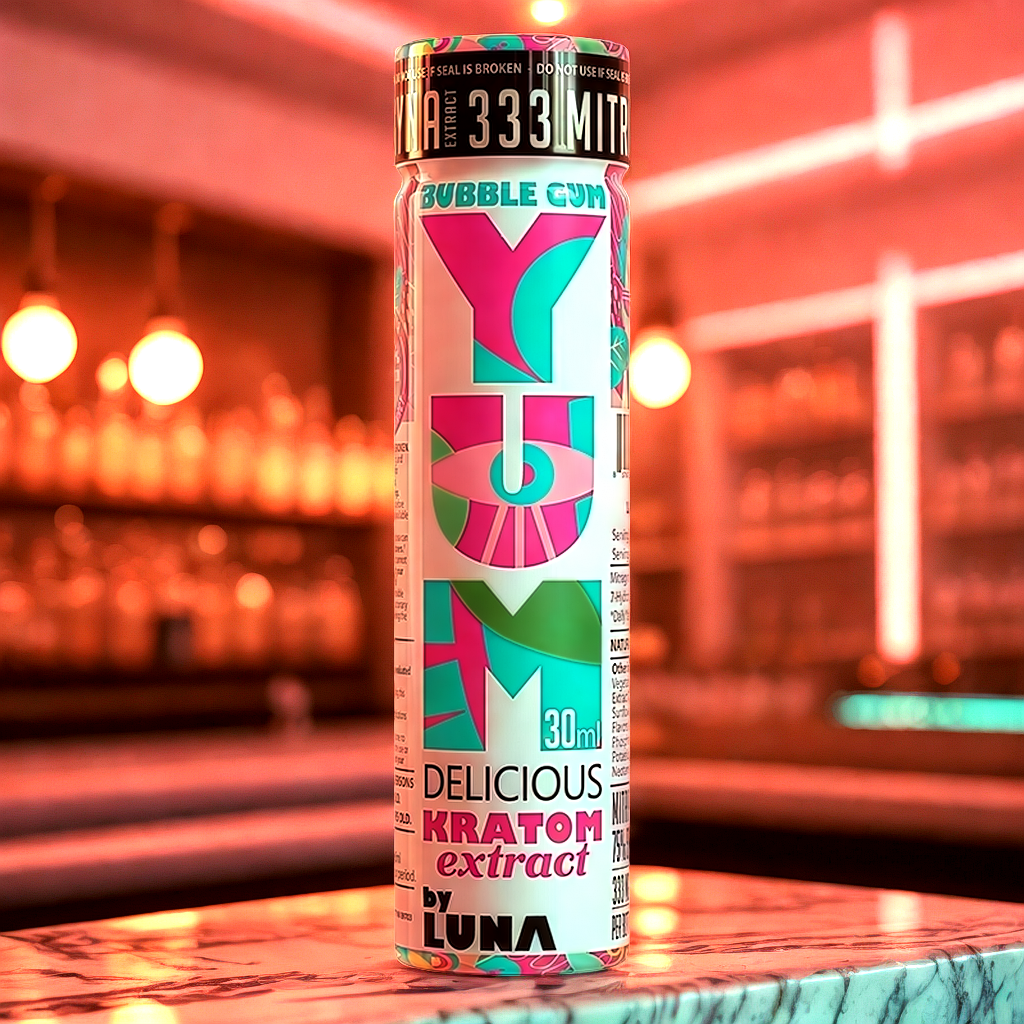 YUM Bubble Gum kratom extract shot at upscale bar setting
