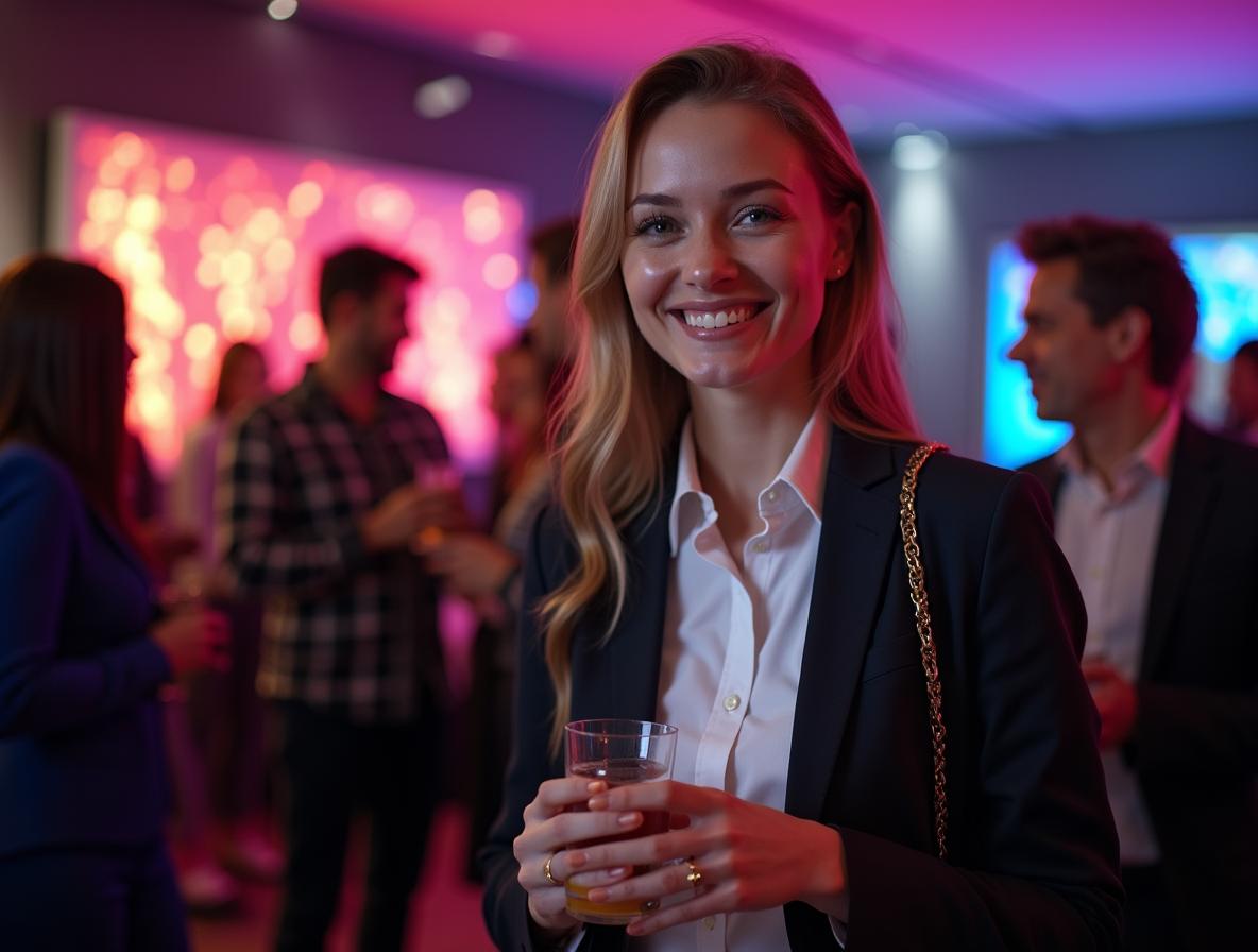 Professional networking confidently at corporate happy hour