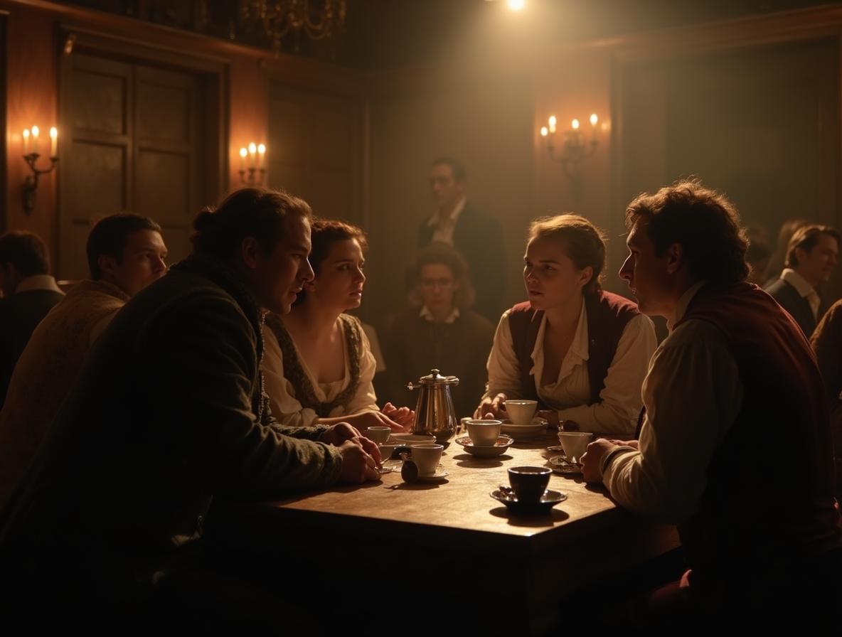 Historical coffeehouse scene showing early coffee culture and social gatherings