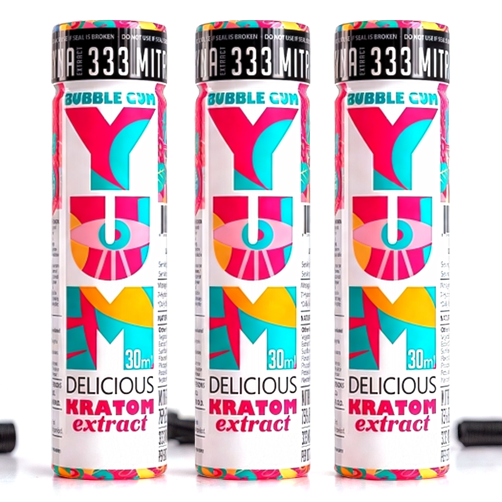 DrinkYum bubble gum kratom shots showcasing different product formats