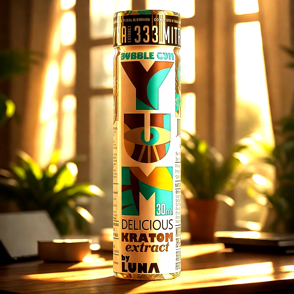 Single Bubble Gum kratom shot on modern desk workspace for morning energy routine