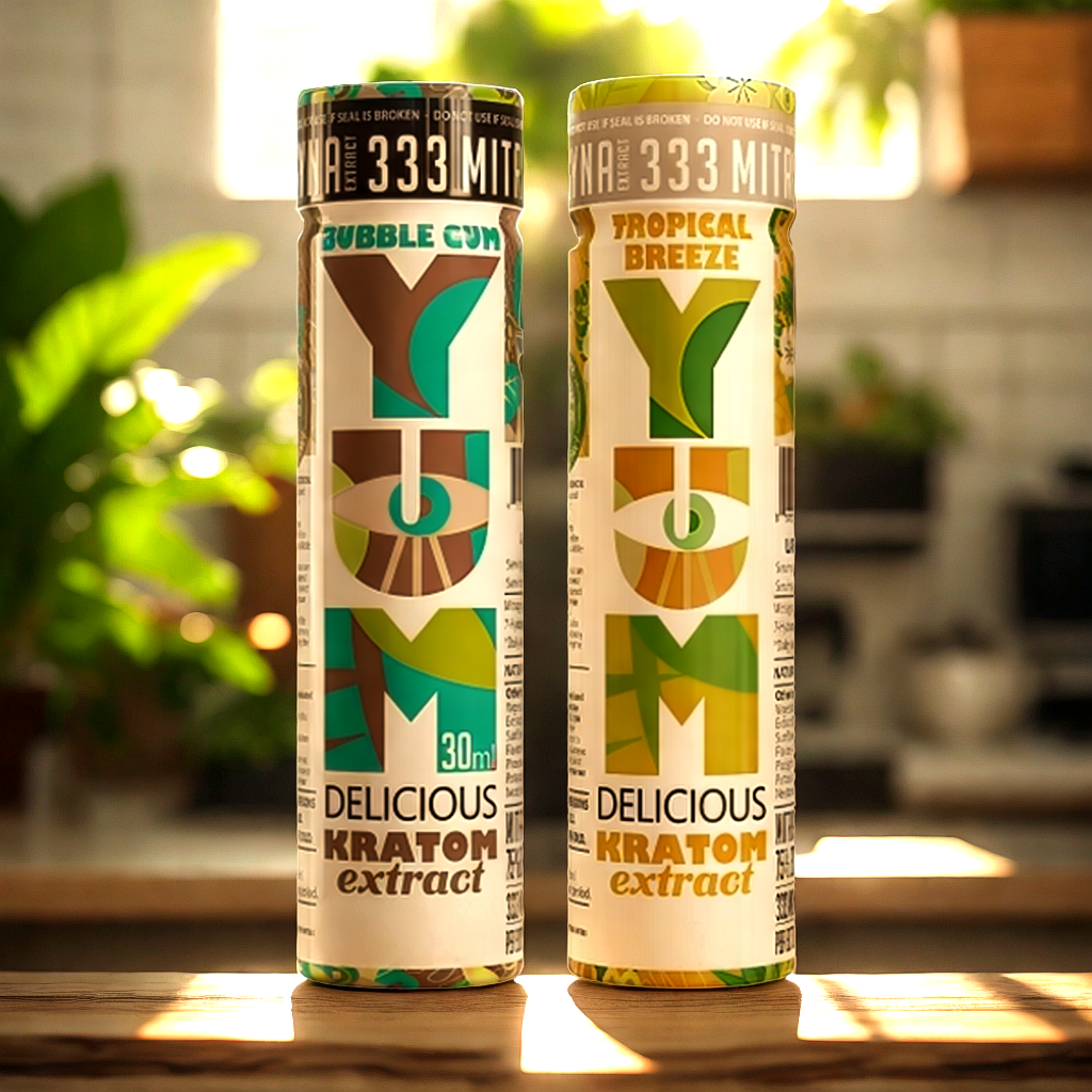 YUM kratom extract sampler pack with Bubble Gum and Tropical Breeze flavors on kitchen counter