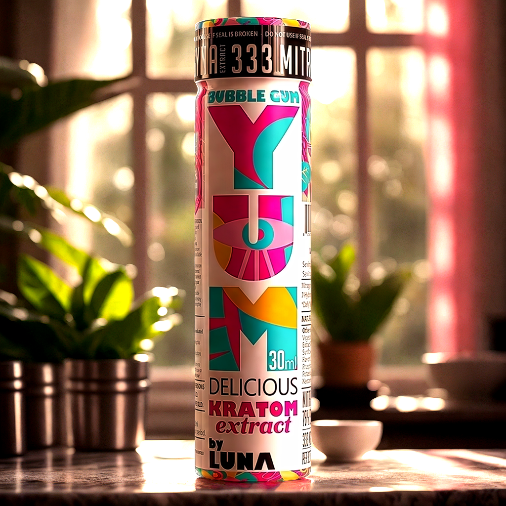 YUM Bubble Gum kratom extract in modern home office workspace