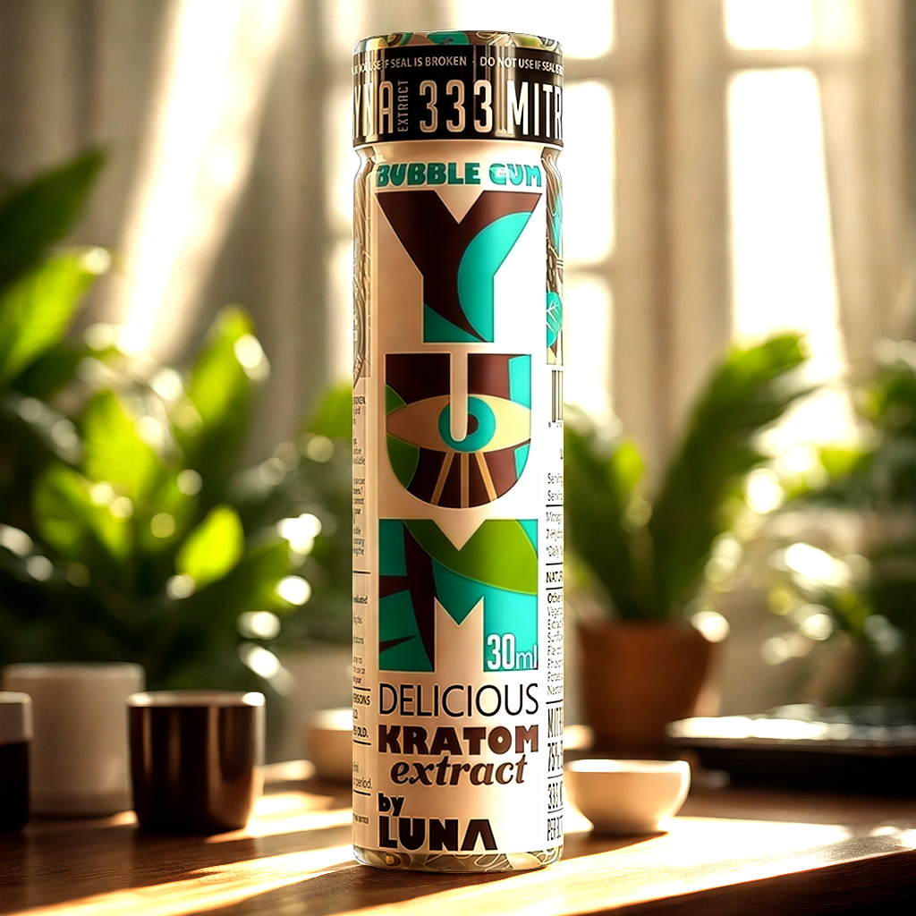 Premium bubble gum kratom shot for energy and focus in modern workspace