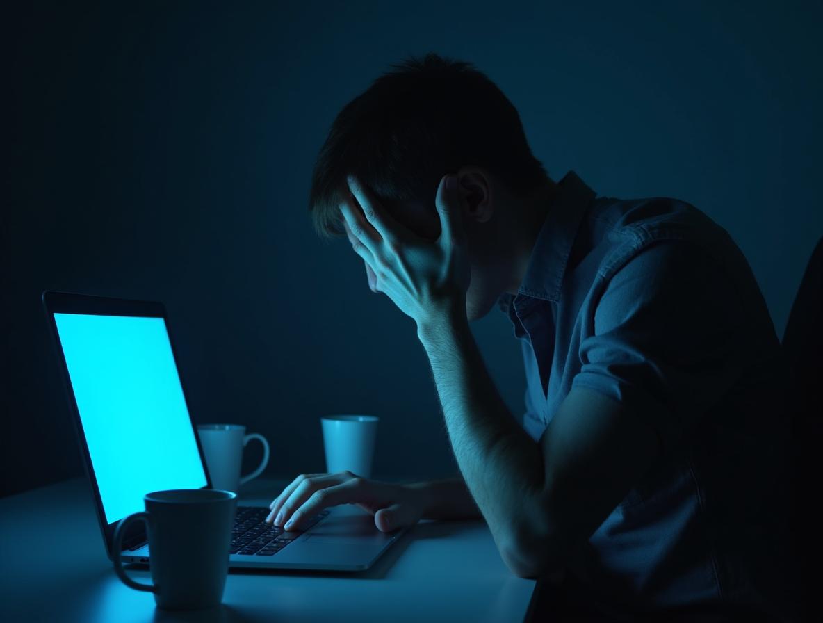 Burned out professional working late representing the need for better energy alternatives