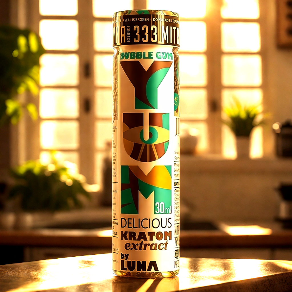 YUM Bubble Gum kratom shot in modern kitchen morning routine setting