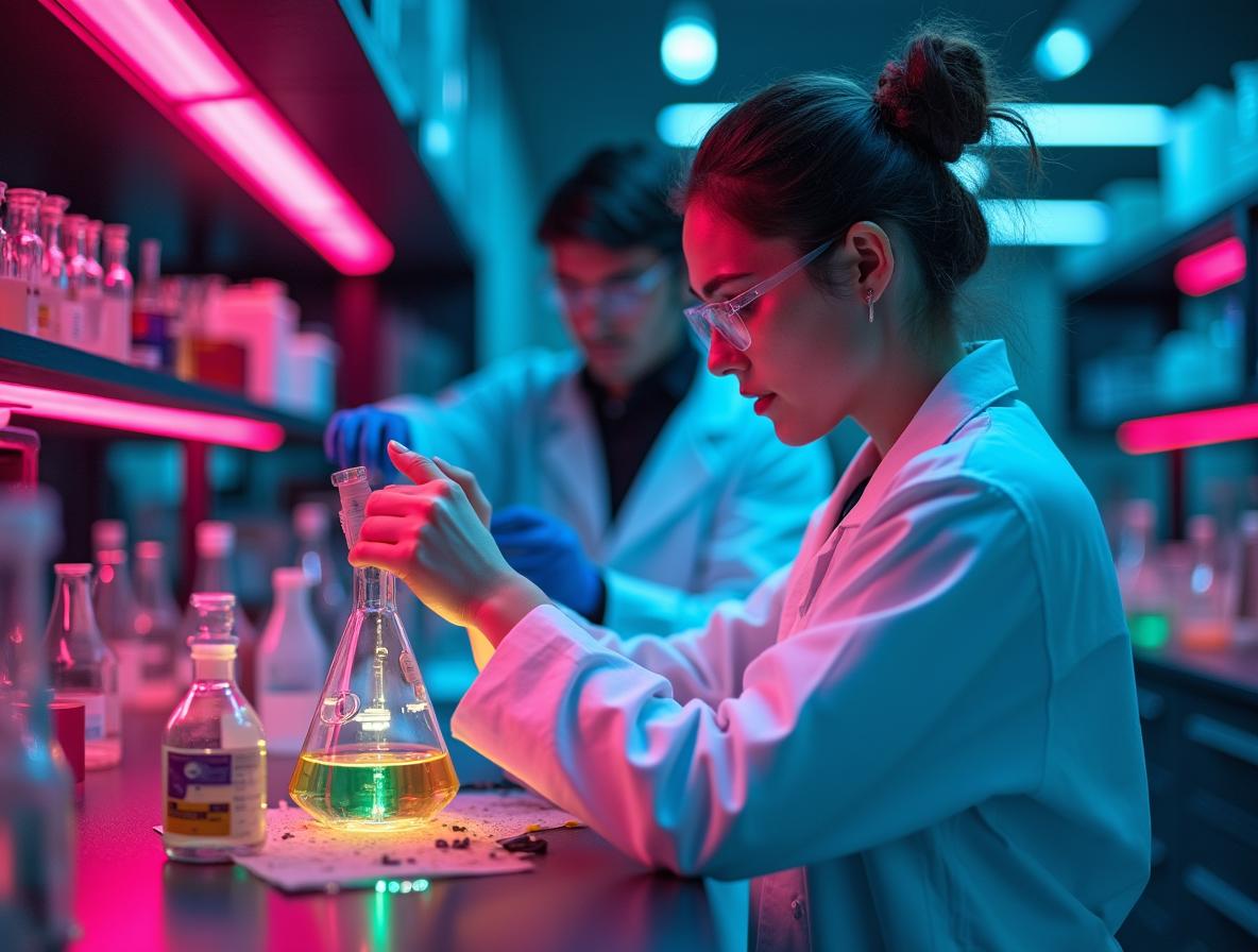 Food scientist developing kratom shot flavor formulations in laboratory setting