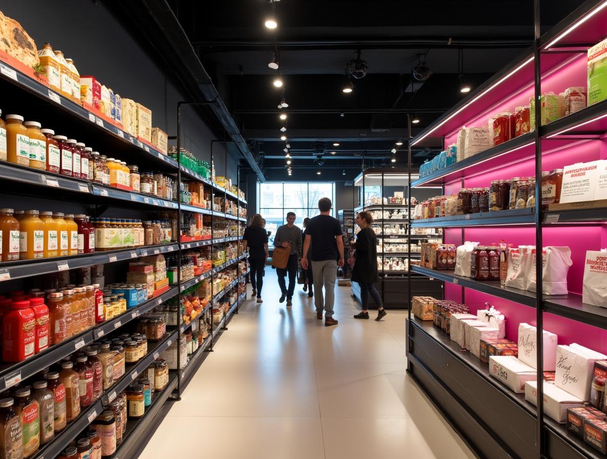 Upscale grocery store wellness section featuring functional beverages and health products