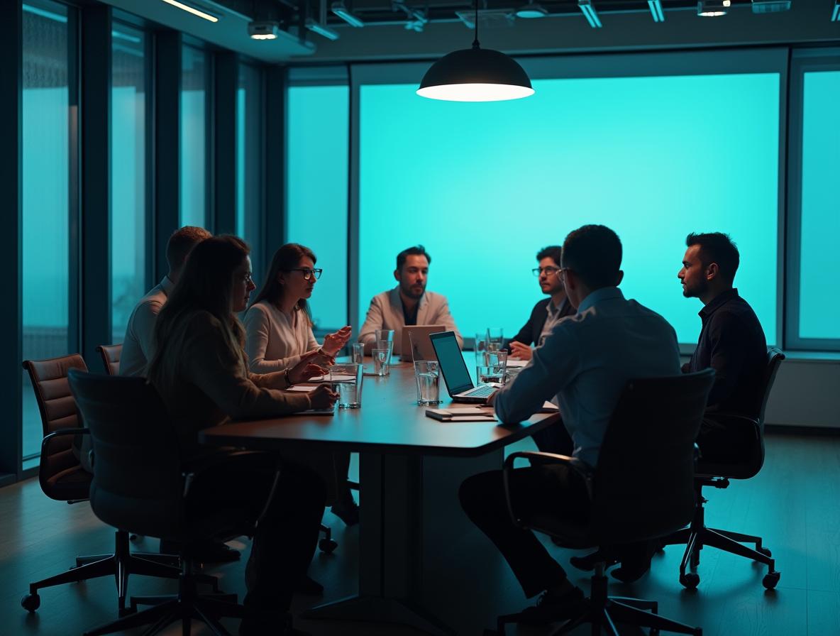 HR professionals discussing workplace policies in modern conference room
