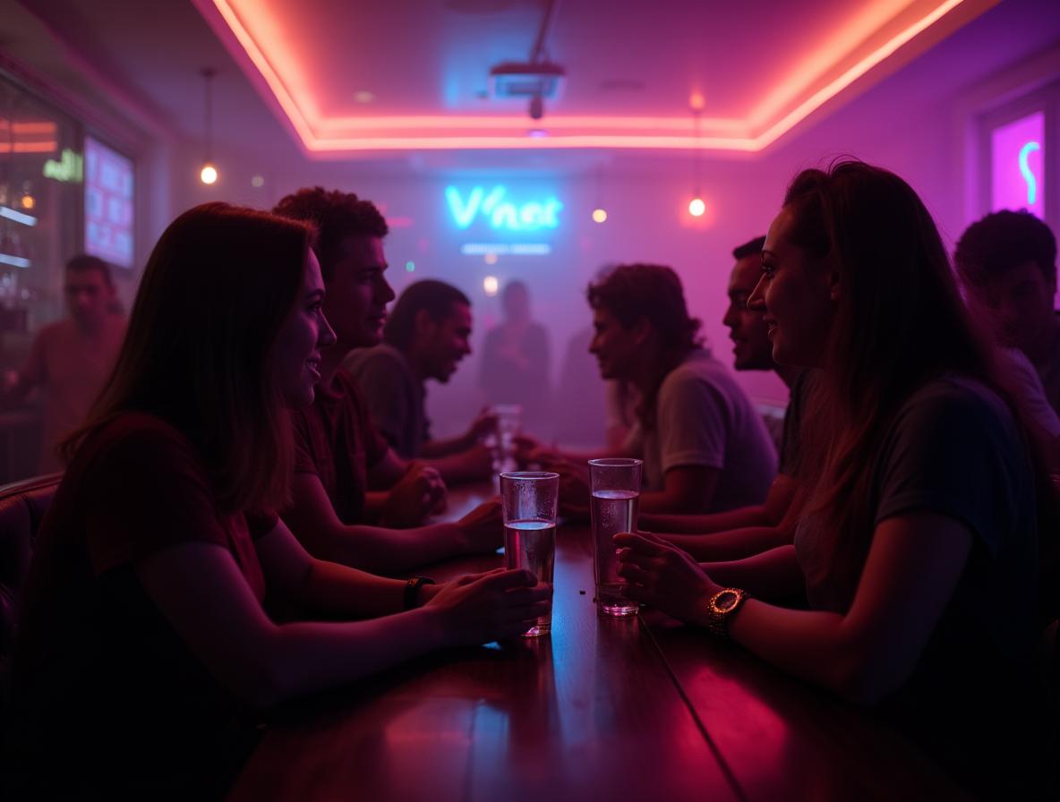 Friends having engaging conversations at a modern social venue