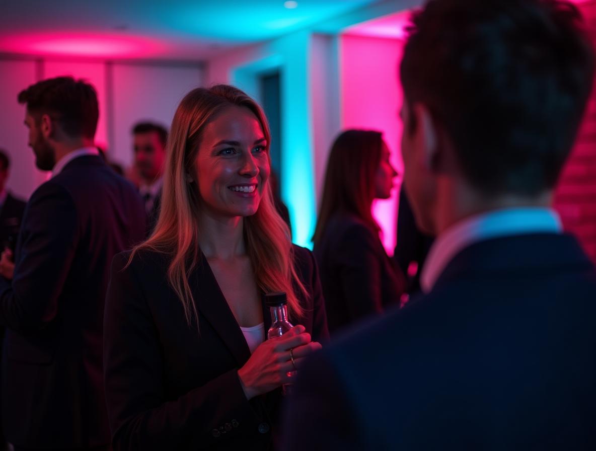 Confident professional using kratom at business networking event