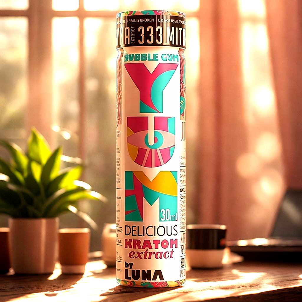 YUM Kratom shot as caffeine alternative on modern workspace