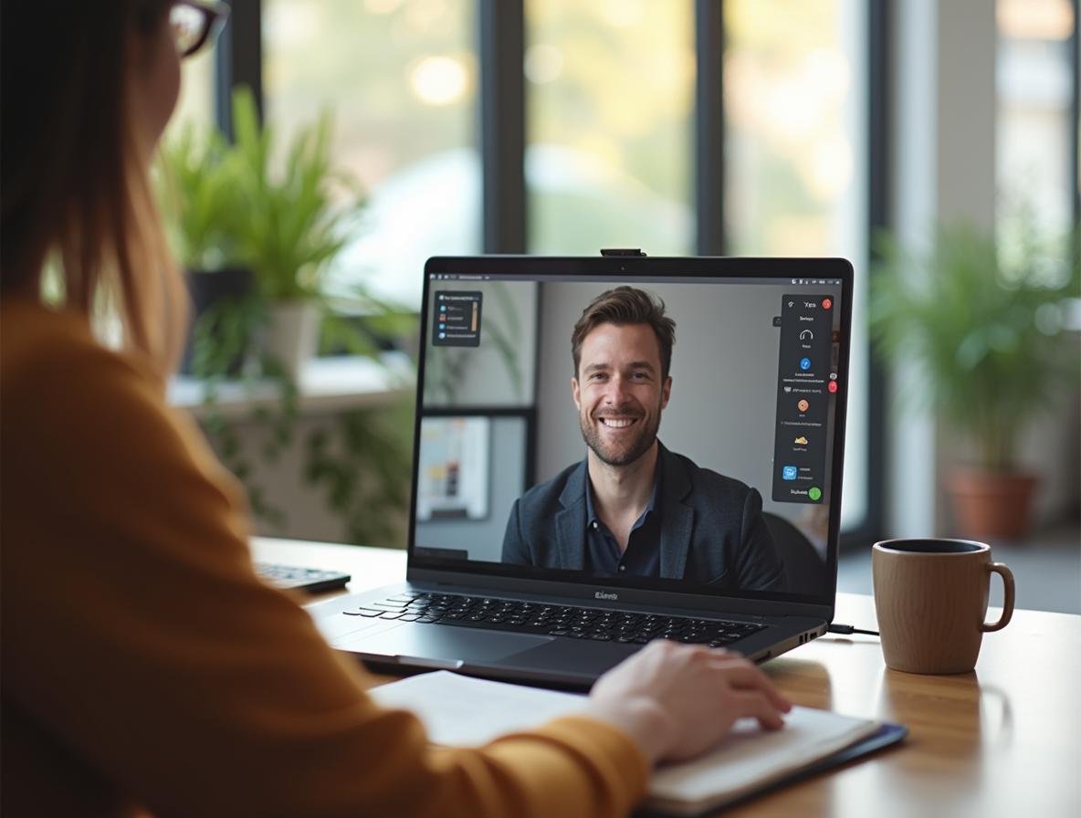 Remote professional engaged in productive video conference call from home office