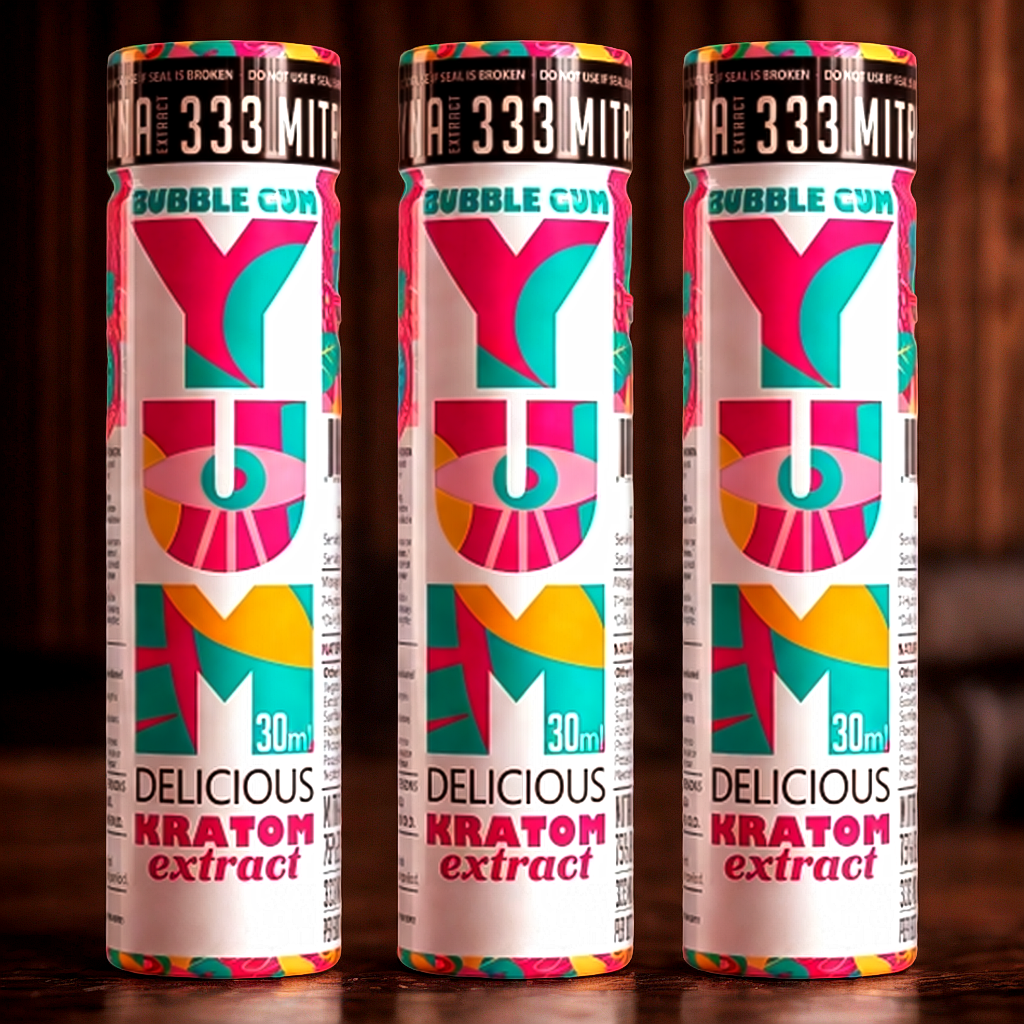 YUM Bubble Gum triple pack kratom shots for sustained afternoon productivity support
