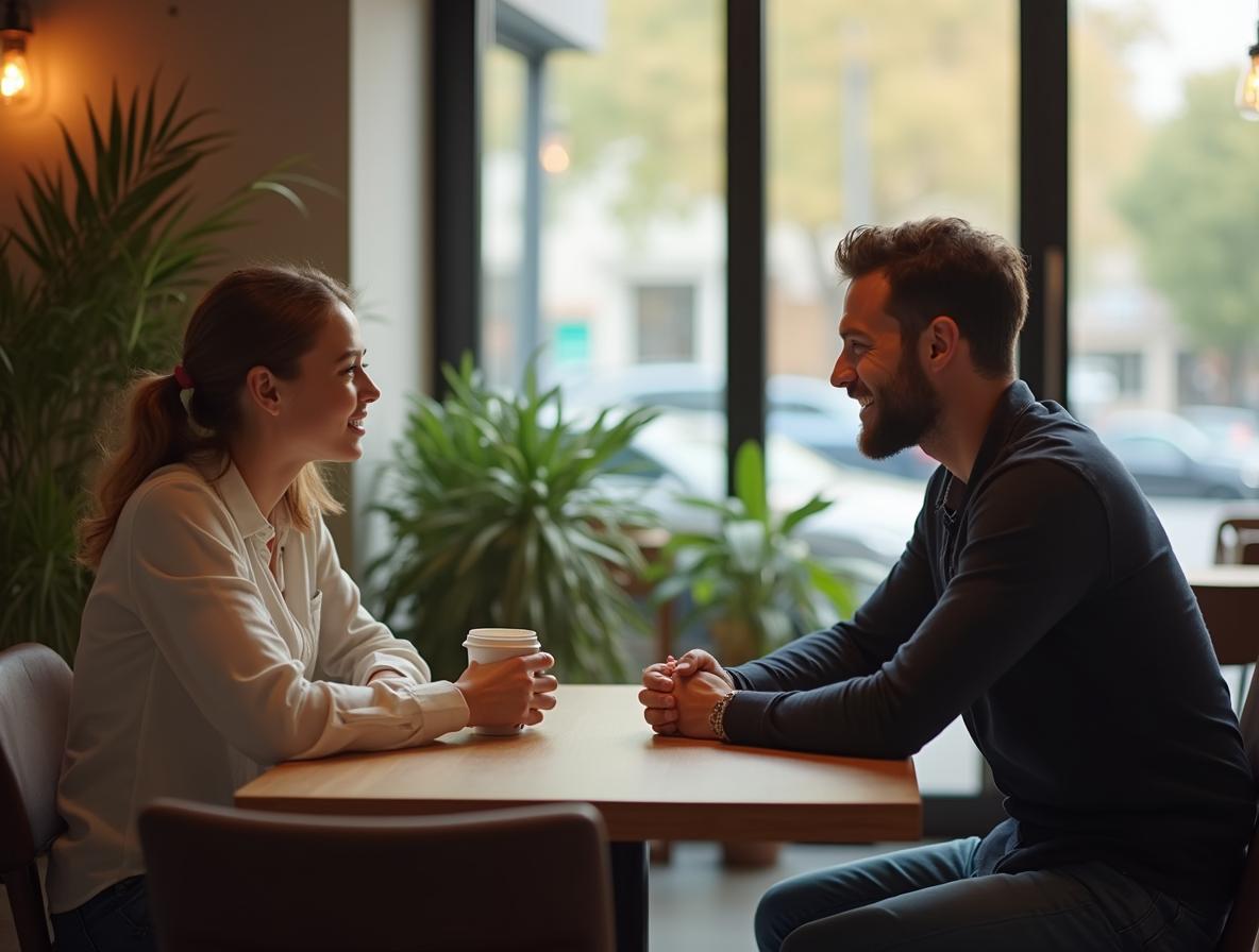 Two people having honest conversation at coffee shop