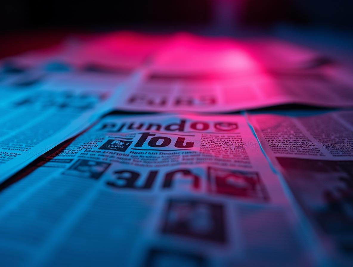 Scattered newspaper headlines about health topics with dramatic neon lighting