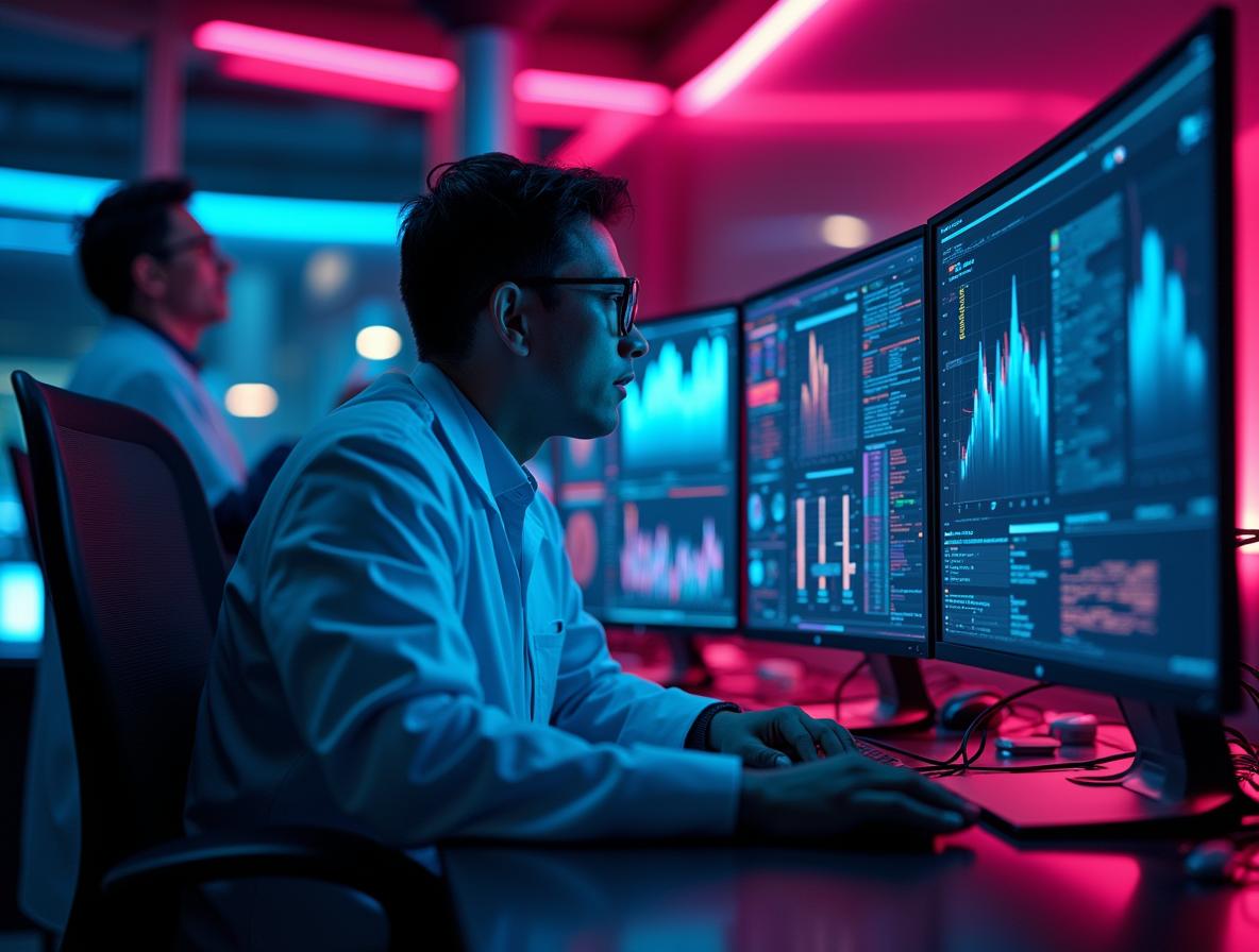 Researcher analyzing scientific data on multiple computer monitors with neon lighting