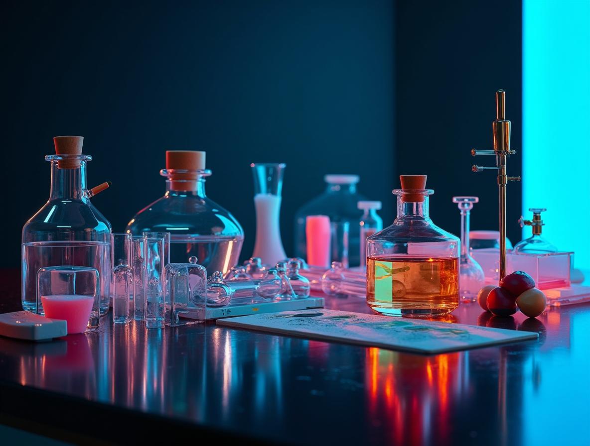 Laboratory testing equipment and quality control materials with dramatic neon lighting