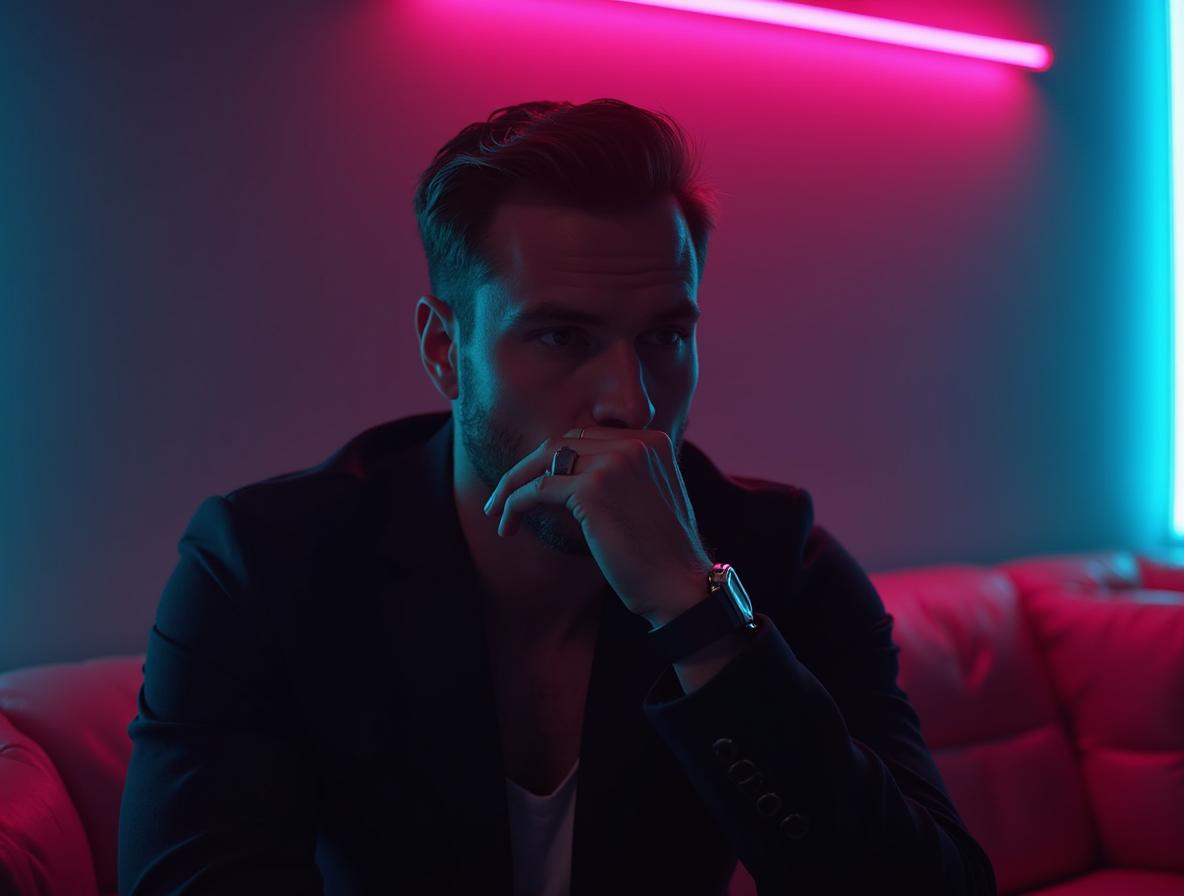 Thoughtful adult in contemplative decision-making moment with ambient neon lighting