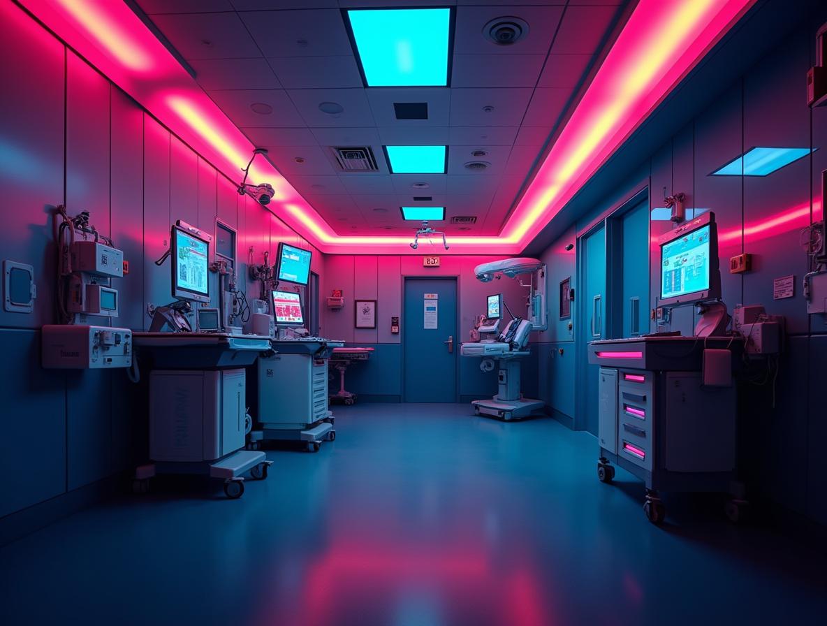 Modern emergency department interior with dramatic neon accent lighting