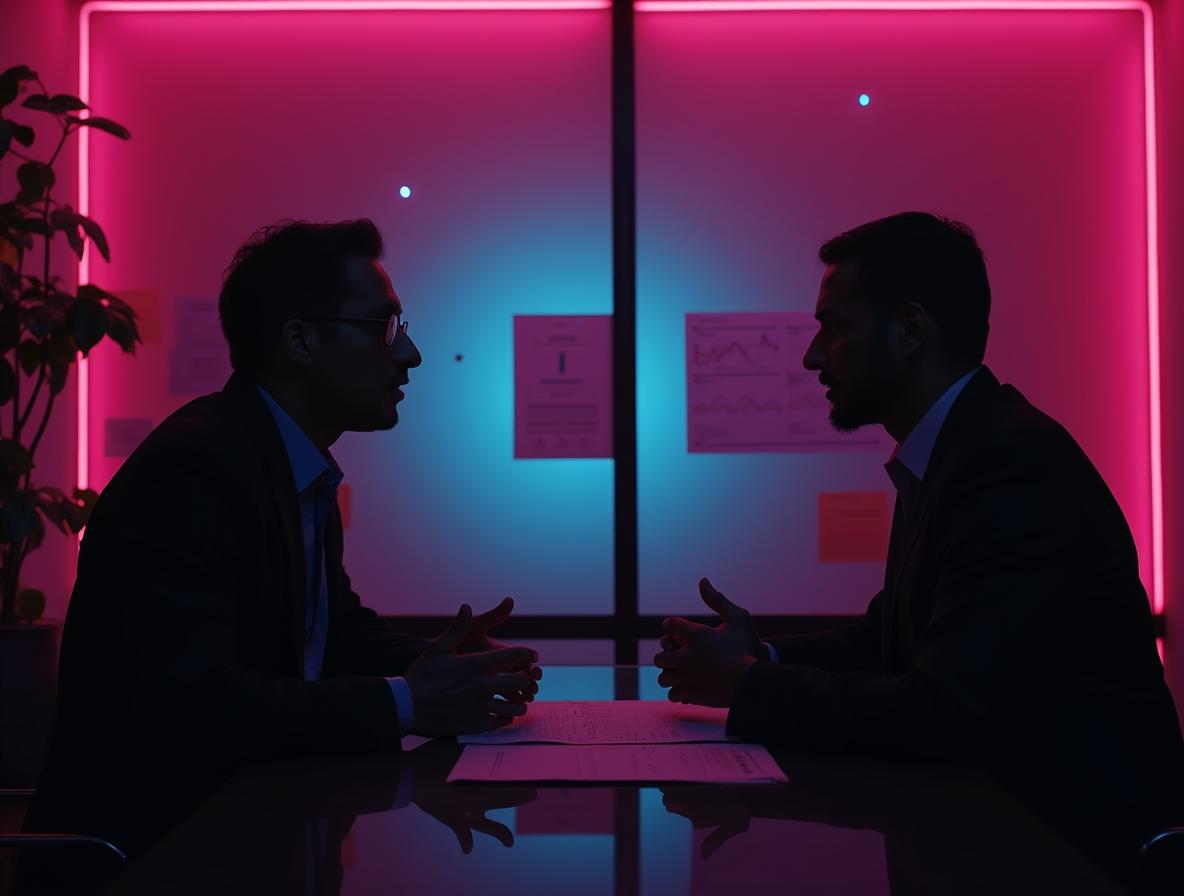 Addiction counselor consultation session in modern therapeutic office with neon accent lighting
