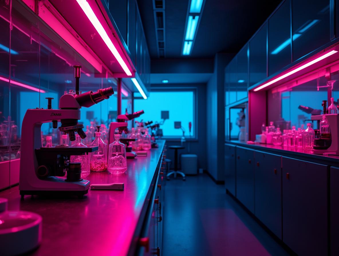 Modern toxicology laboratory with scientific testing equipment under dramatic neon lighting