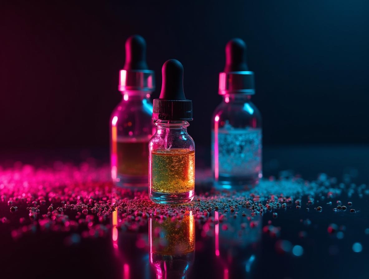 Premium kratom extract products arranged with dramatic neon lighting effects