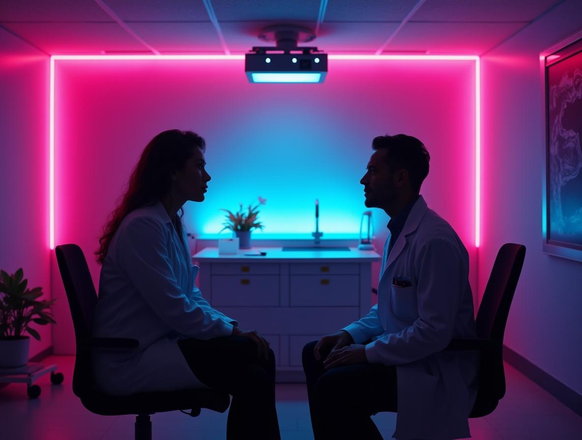 Healthcare provider consultation with patient in modern medical office with neon accent lighting