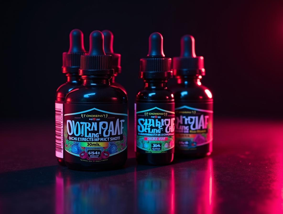 Premium kratom extract shots in bubble gum and tropical flavors showing 30ml and 14ml sizes