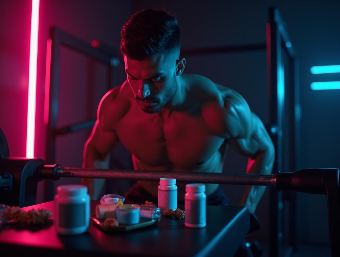 Athlete preparing for workout with various energy supplements including kratom extract in modern gym setting