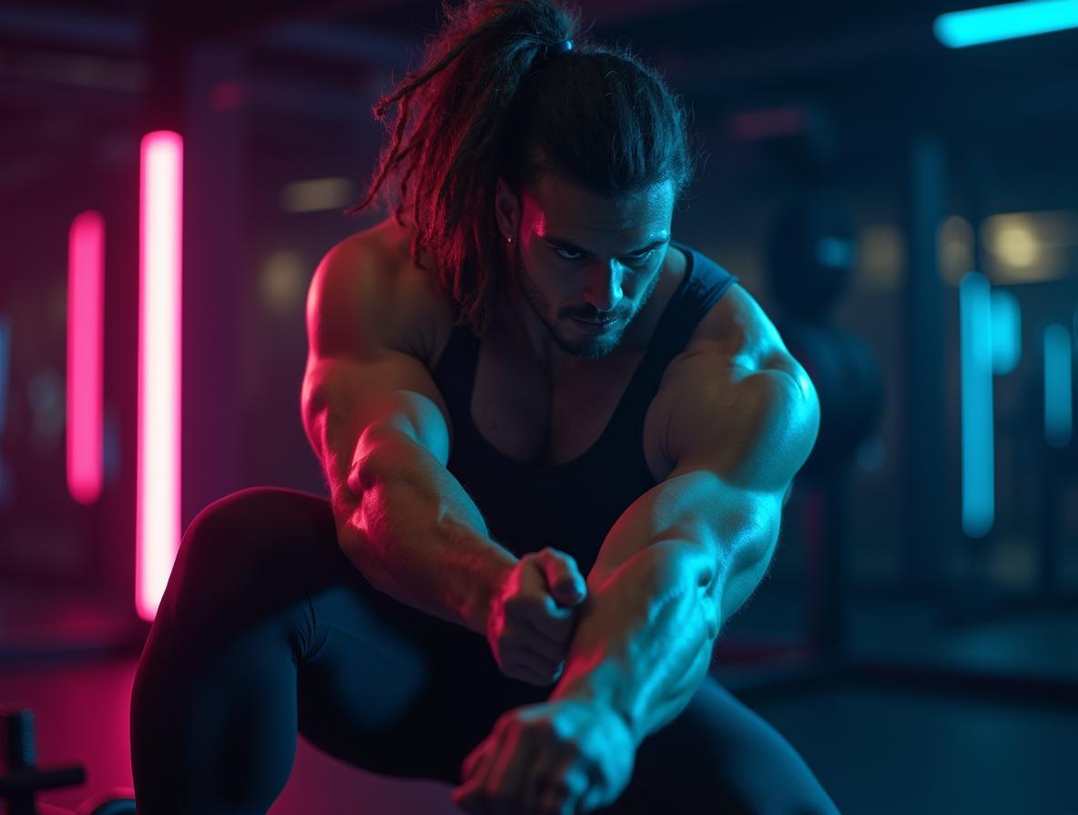 Focused athlete training in modern gym with dramatic neon lighting