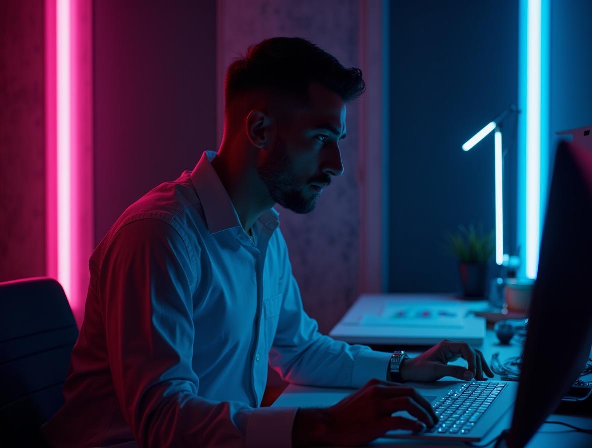 Professional working late with focused concentration in neon-lit modern office
