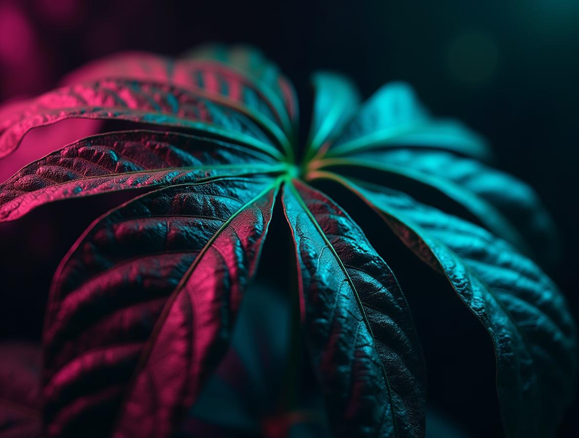 Close-up of kratom plant leaves with dramatic neon lighting showing natural botanical details