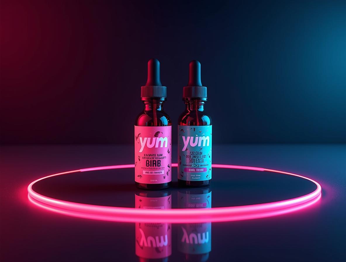 YUM kratom extract shots with premium neon lighting displaying quality and transparency