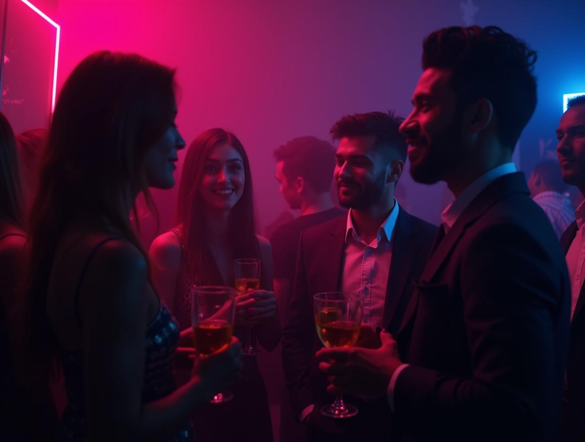 Group of people at party with someone confidently declining an offer