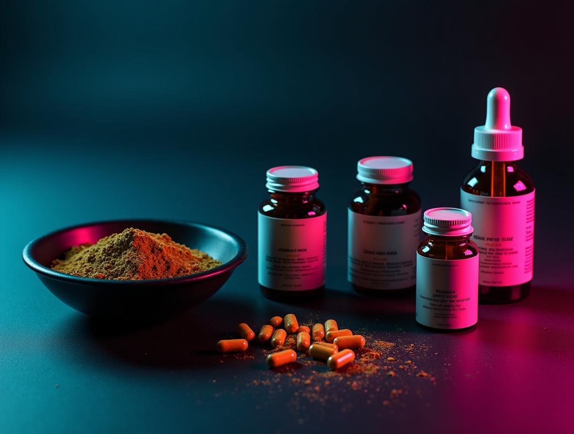Different kratom product formats including powder, capsules, and extract shots